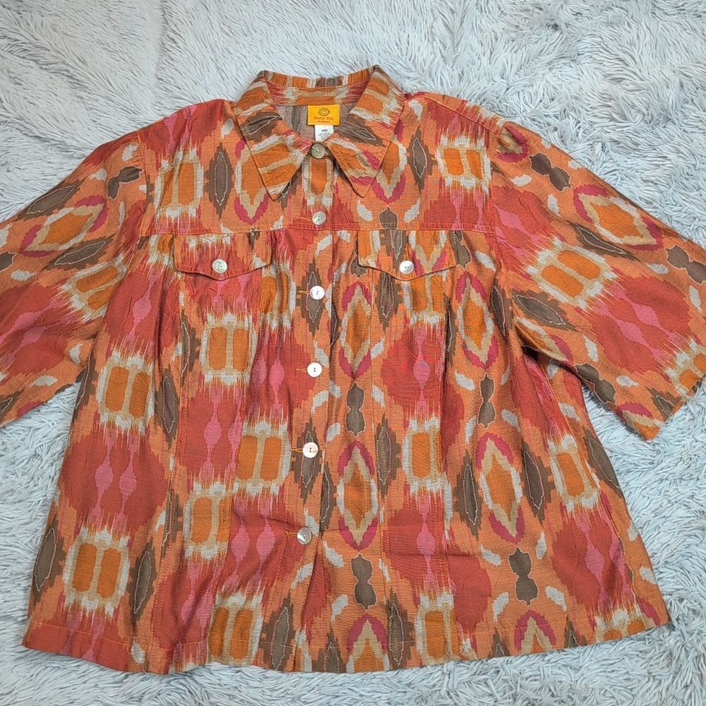 Ruby Rd. Shirt Womens 18W Orange Linen Blend Button Up Floral Pockets Semi Sheer